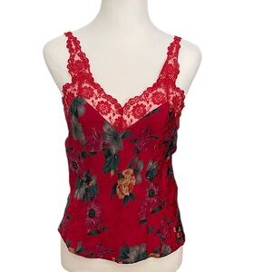 Vintage Silk Silkscreen Vibrant Red Floral Jacquard Lace Camisole